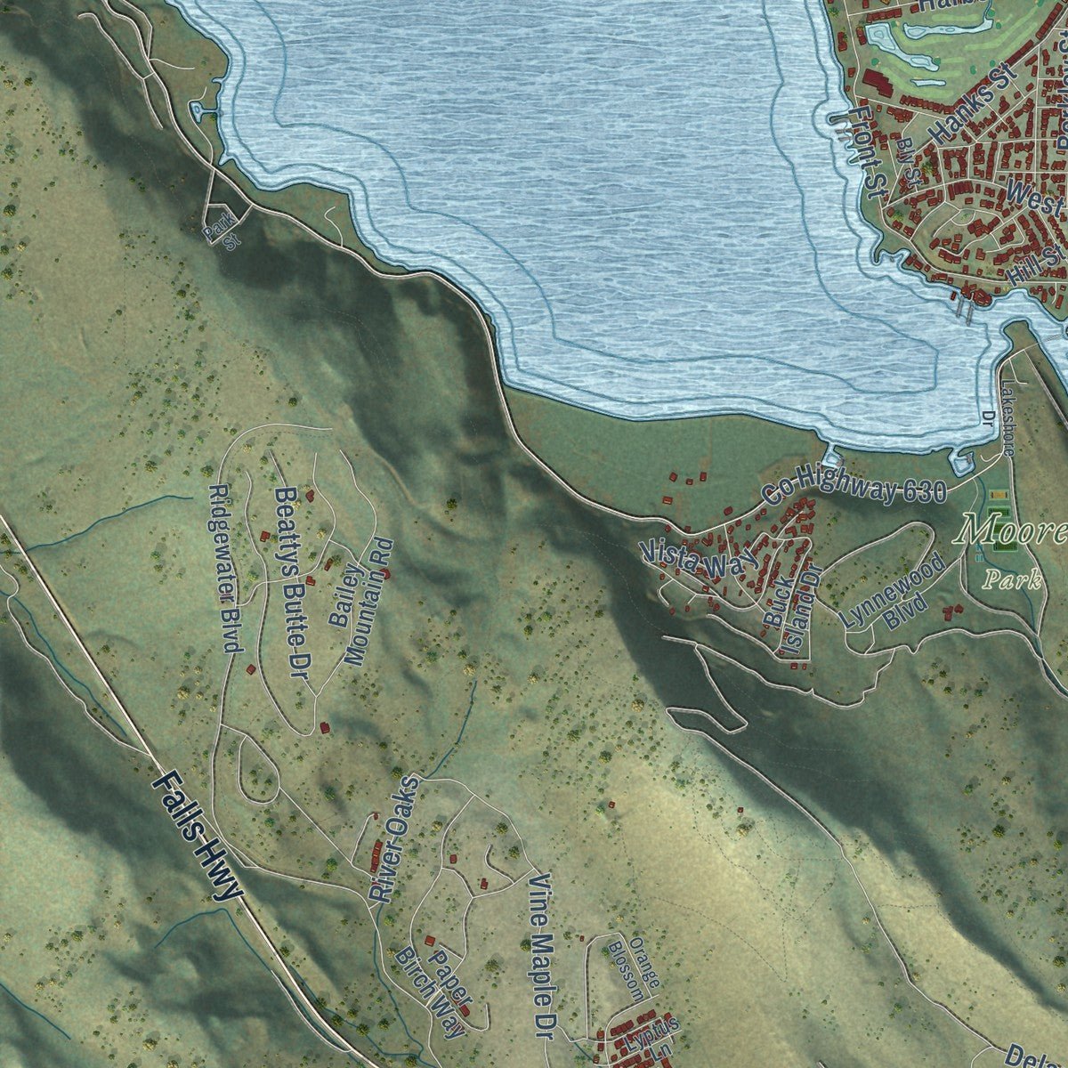 Second close-up of the map of Klamath Falls, Oregon print showing more streets and buildings