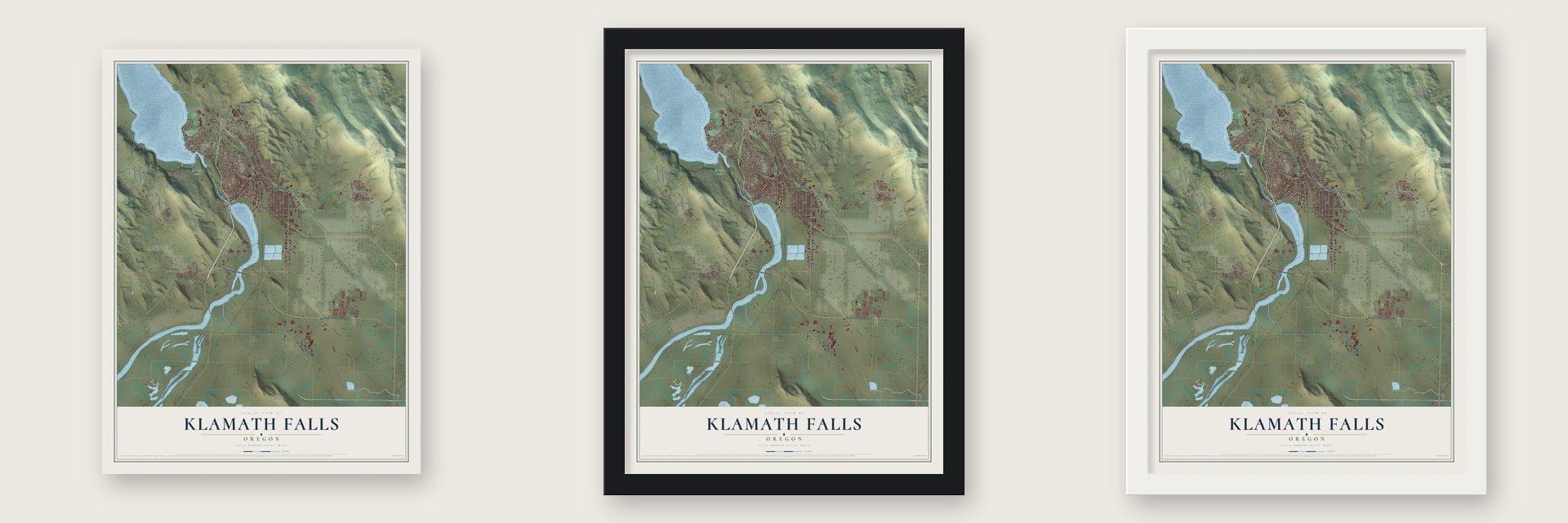 Klamath Falls, Oregon map unframed, in a black wood frame and in a white wood frame