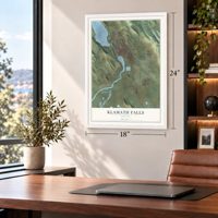 Klamath Falls, Oregon map, 18 x 24 inch print in a white frame in a home office