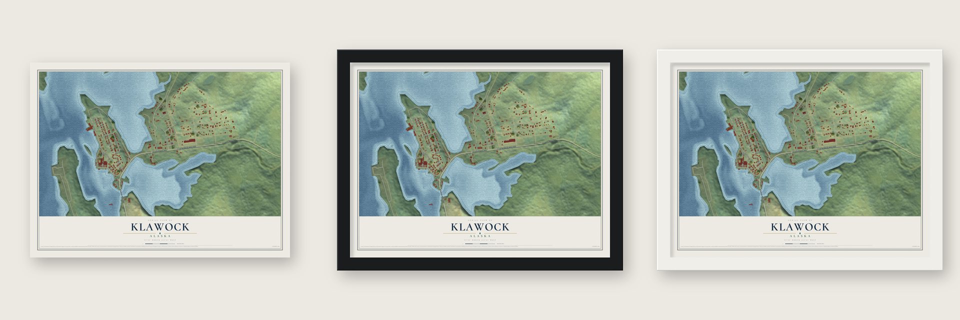 Klawock, Alaska map unframed, in a black wood frame and in a white wood frame