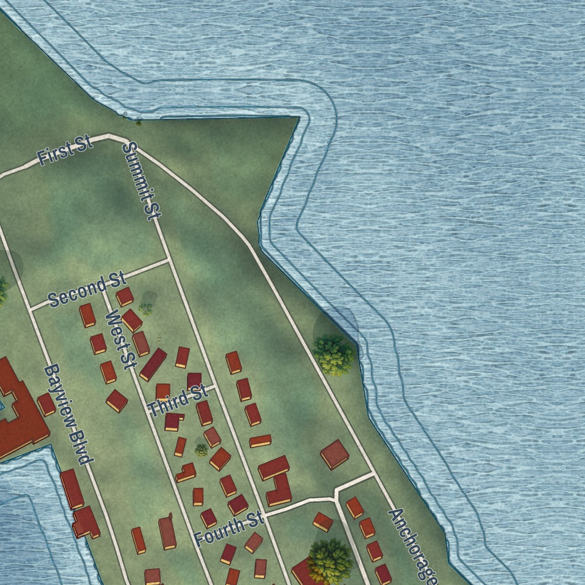 Second close-up of the map of Klawock, Alaska print showing more streets and buildings