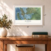 Klawock, Alaska map, 12 x 18 inch print in a white frame in an entryway