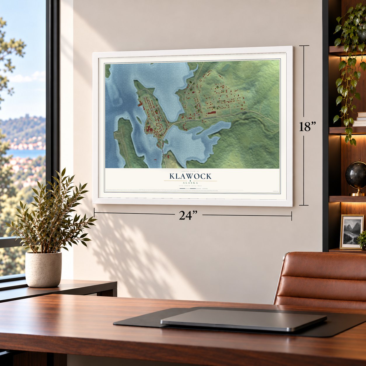 Klawock, Alaska map, 18 x 24 inch print in a white frame in a home office