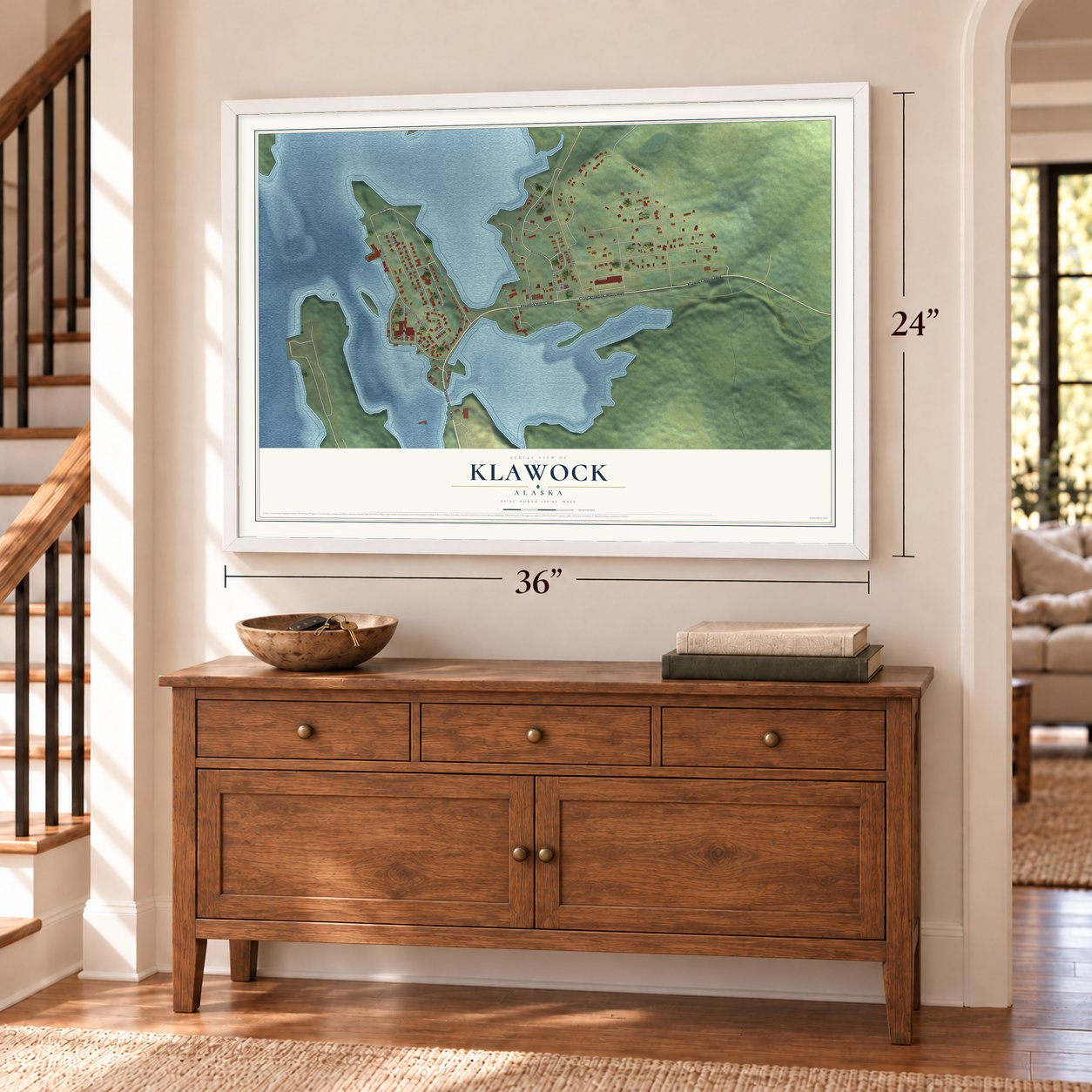 Klawock, Alaska map, 24 x 36 inch print in a white frame above a dresser by a staircase