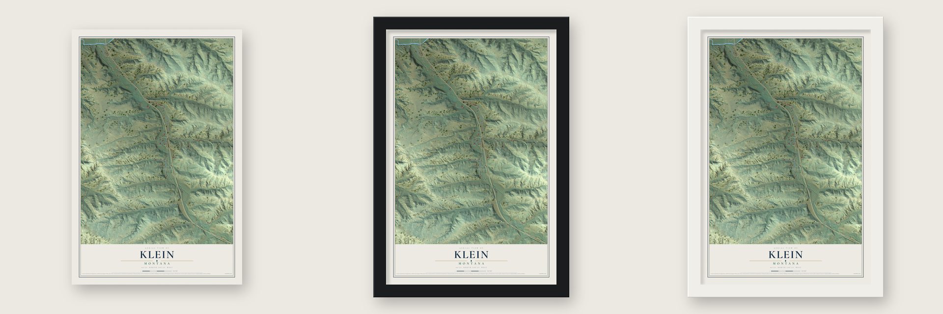 Klein, Montana map unframed, in a black wood frame and in a white wood frame