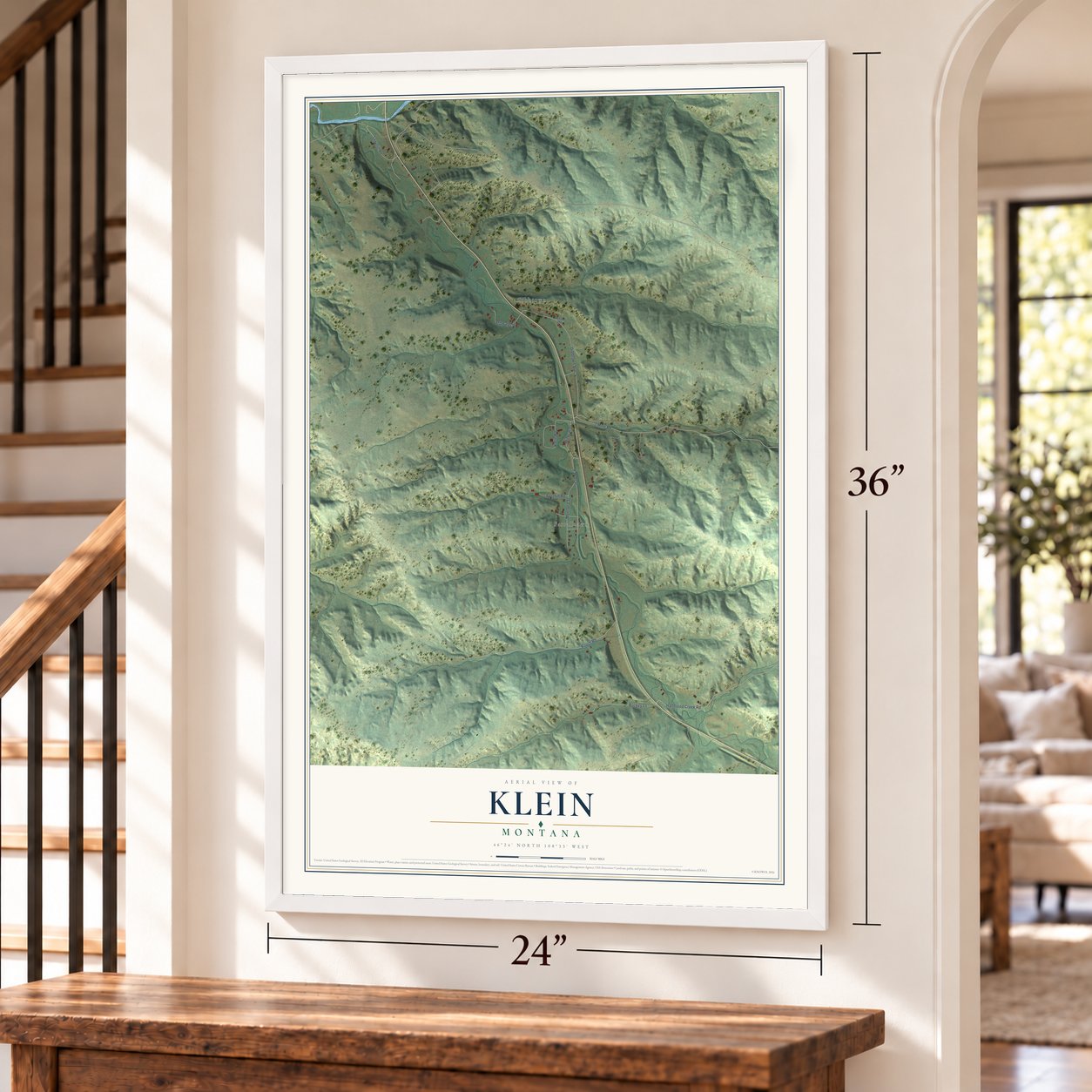 Klein, Montana map, 24 x 36 inch print in a white frame by a staircase