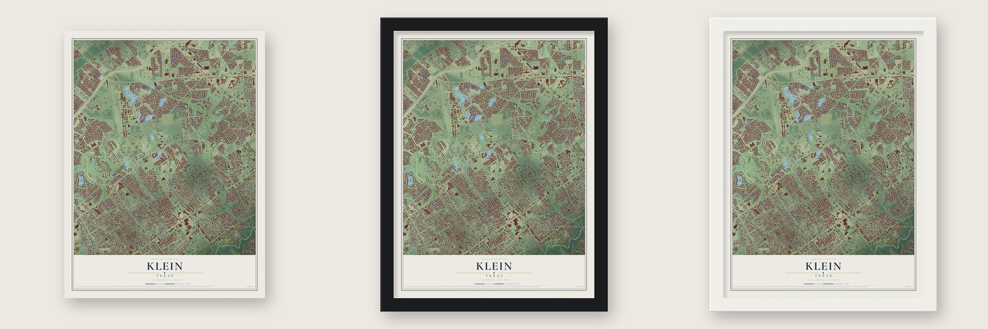 Klein, Texas map unframed, in a black wood frame and in a white wood frame