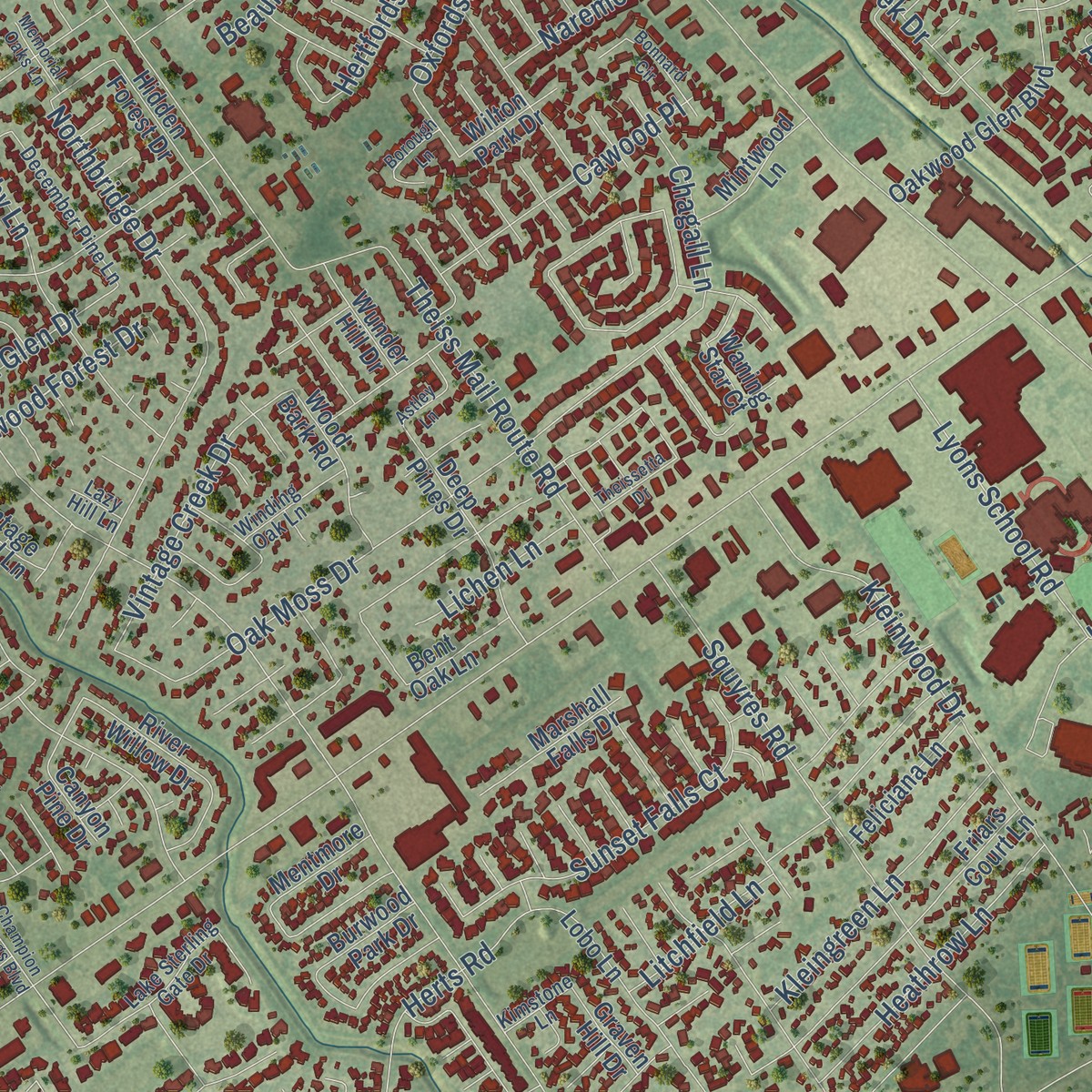 Second close-up of the map of Klein, Texas print showing more streets and buildings