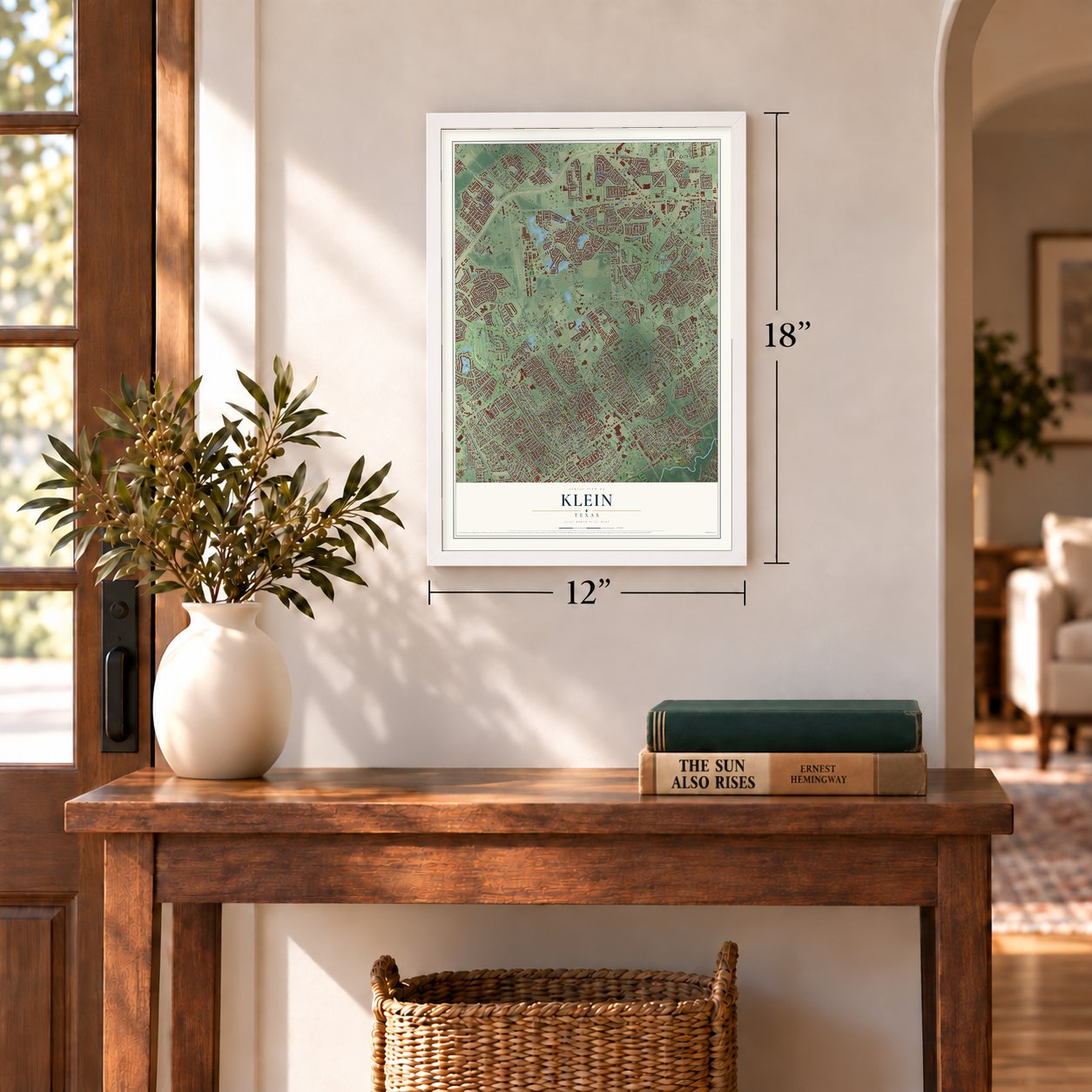 Klein, Texas map, 12 x 18 inch print in a white frame in an entryway