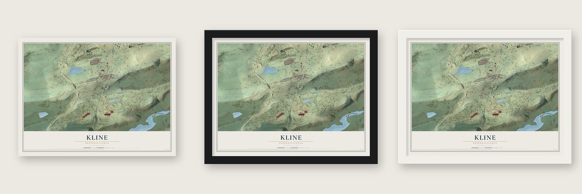 Kline, Pennsylvania map unframed, in a black wood frame and in a white wood frame