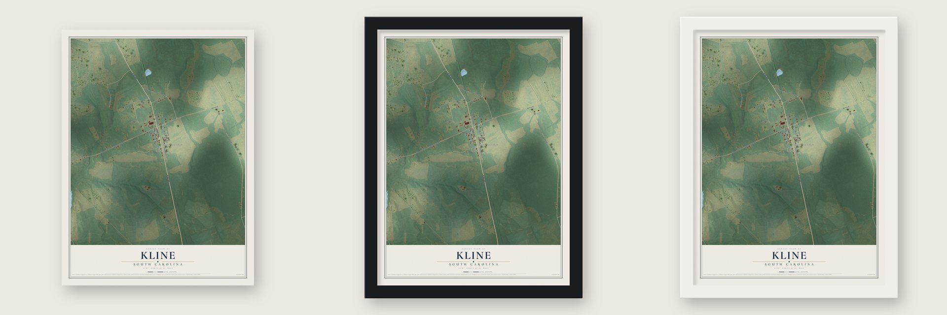 Kline, South Carolina map unframed, in a black wood frame and in a white wood frame
