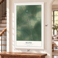 Kline, South Carolina map, 24 x 36 inch print in a white frame by a staircase