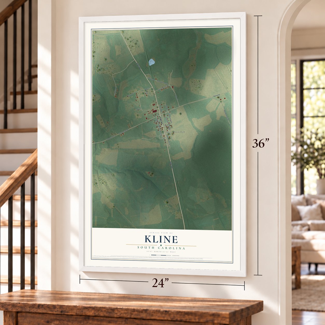 Kline, South Carolina map, 24 x 36 inch print in a white frame by a staircase
