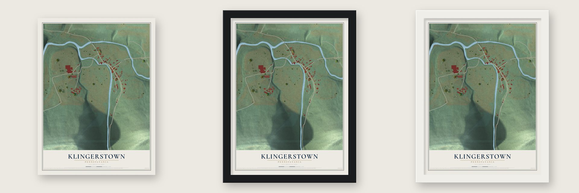 Klingerstown, Pennsylvania map unframed, in a black wood frame and in a white wood frame