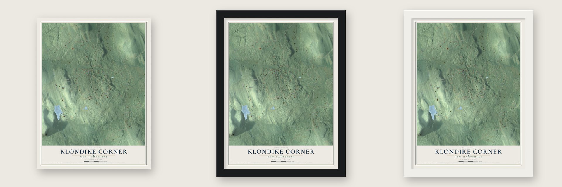 Klondike Corner, New Hampshire map unframed, in a black wood frame and in a white wood frame