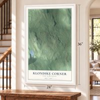 Klondike Corner, New Hampshire map, 24 x 36 inch print in a white frame by a staircase