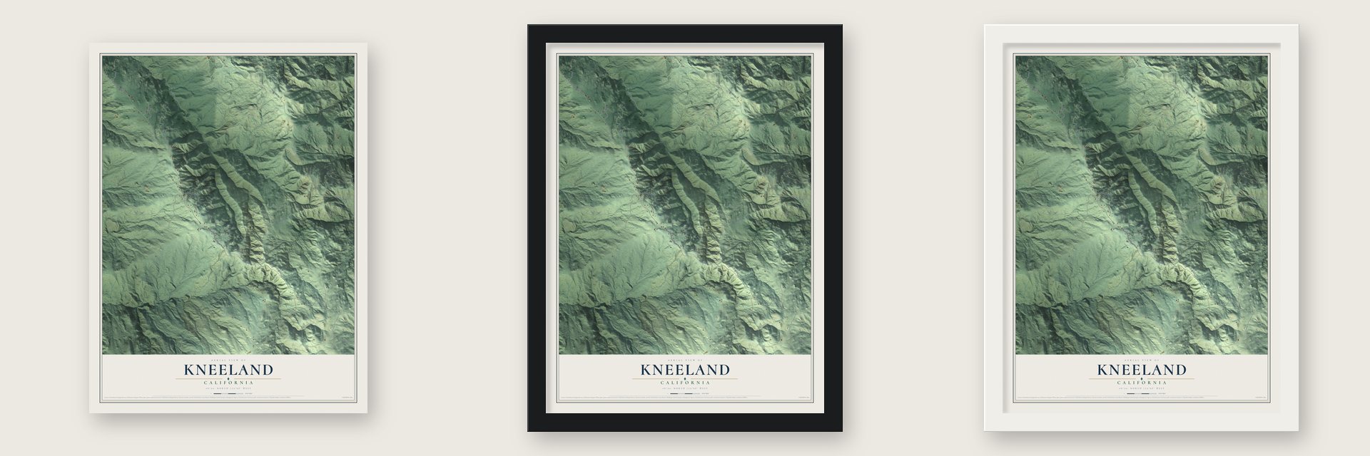 Kneeland, California map unframed, in a black wood frame and in a white wood frame