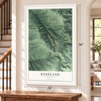 Kneeland, California map, 24 x 36 inch print in a white frame by a staircase