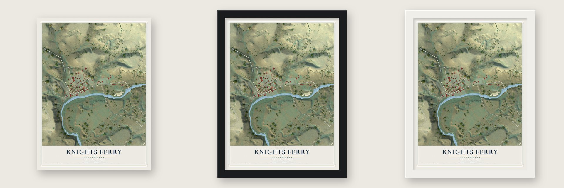 Knights Ferry, California map unframed, in a black wood frame and in a white wood frame