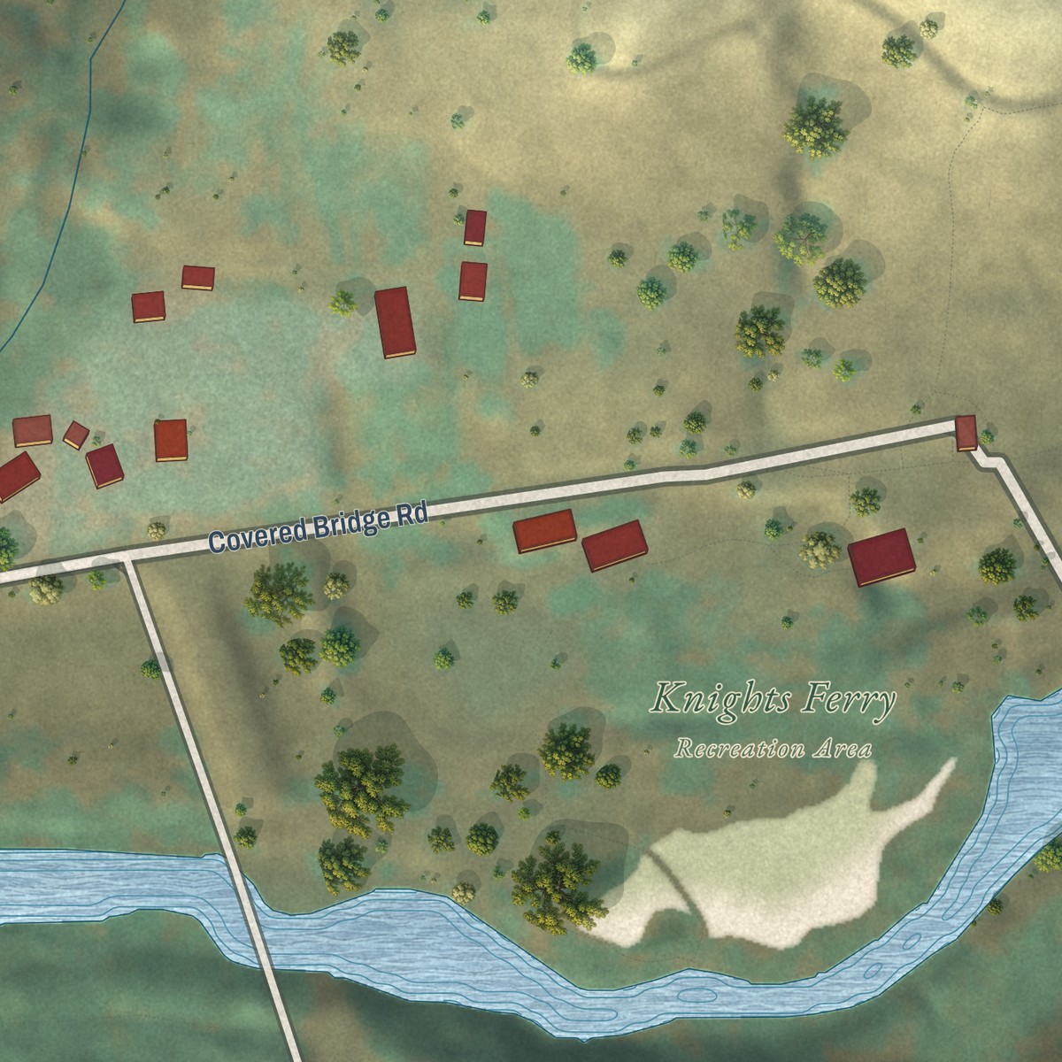 Second close-up of the map of Knights Ferry, California print showing more streets and buildings