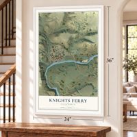 Knights Ferry, California map, 24 x 36 inch print in a white frame by a staircase