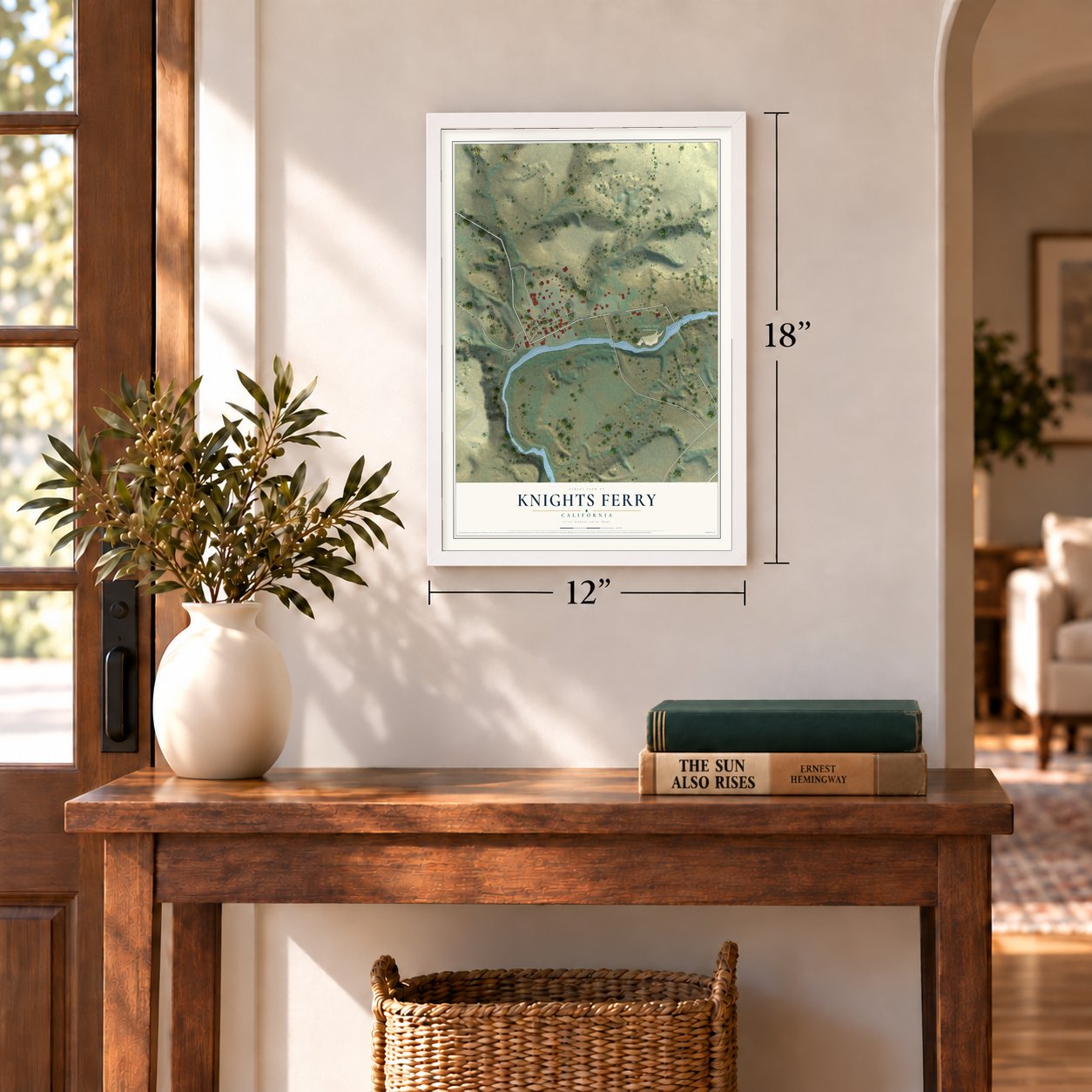 Knights Ferry, California map, 12 x 18 inch print in a white frame in an entryway