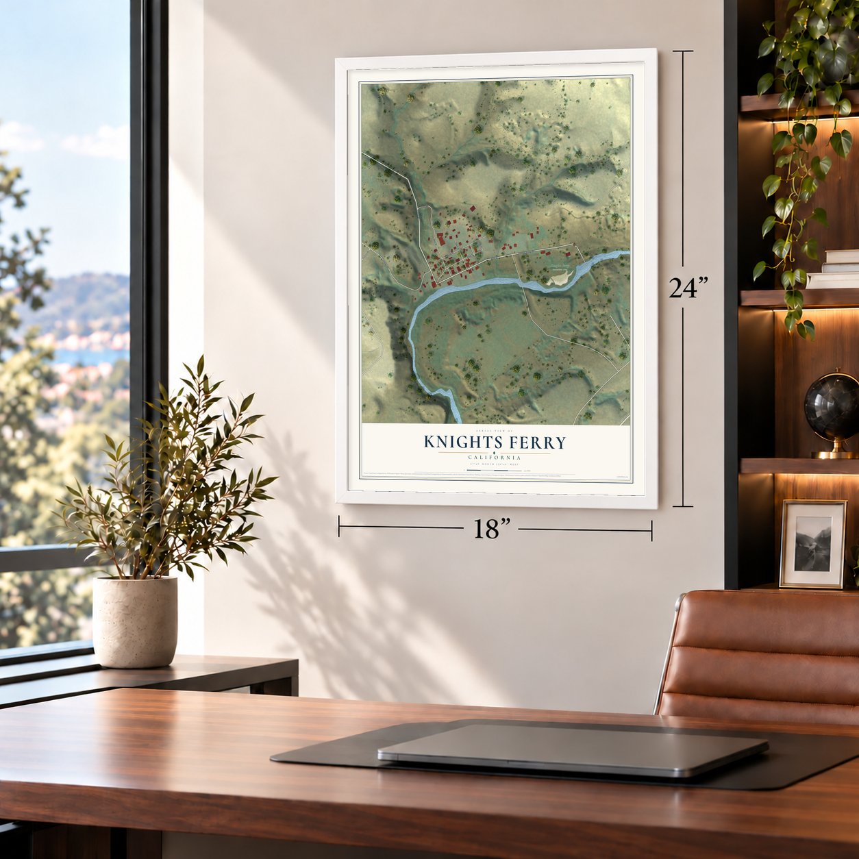 Knights Ferry, California map, 18 x 24 inch print in a white frame in a home office