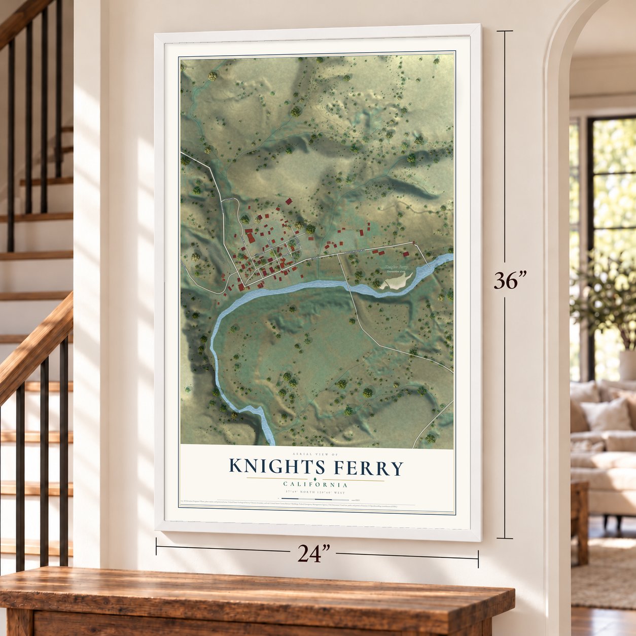 Knights Ferry, California map, 24 x 36 inch print in a white frame by a staircase