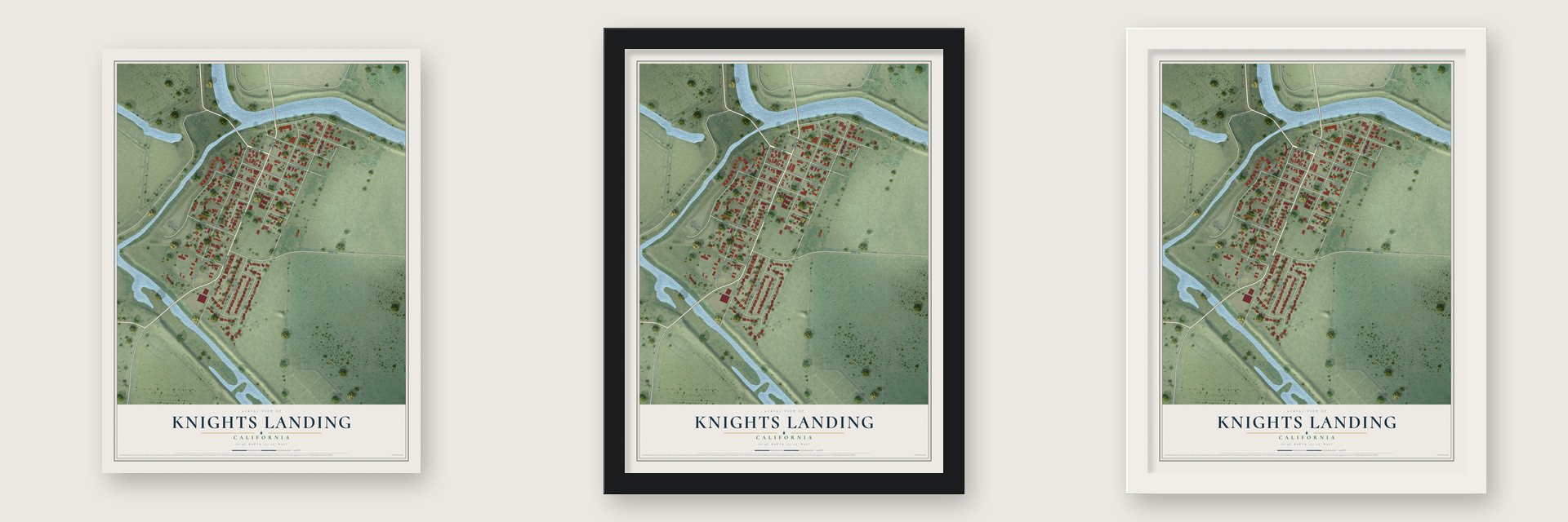 Knights Landing, California map unframed, in a black wood frame and in a white wood frame