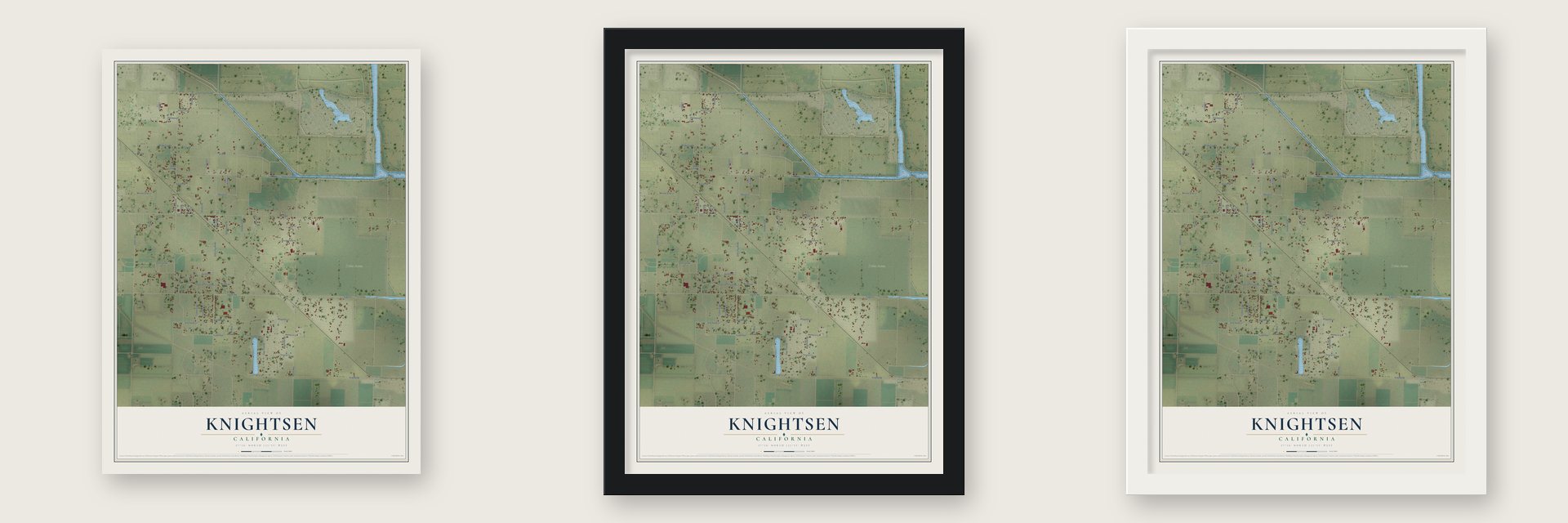 Knightsen, California map unframed, in a black wood frame and in a white wood frame
