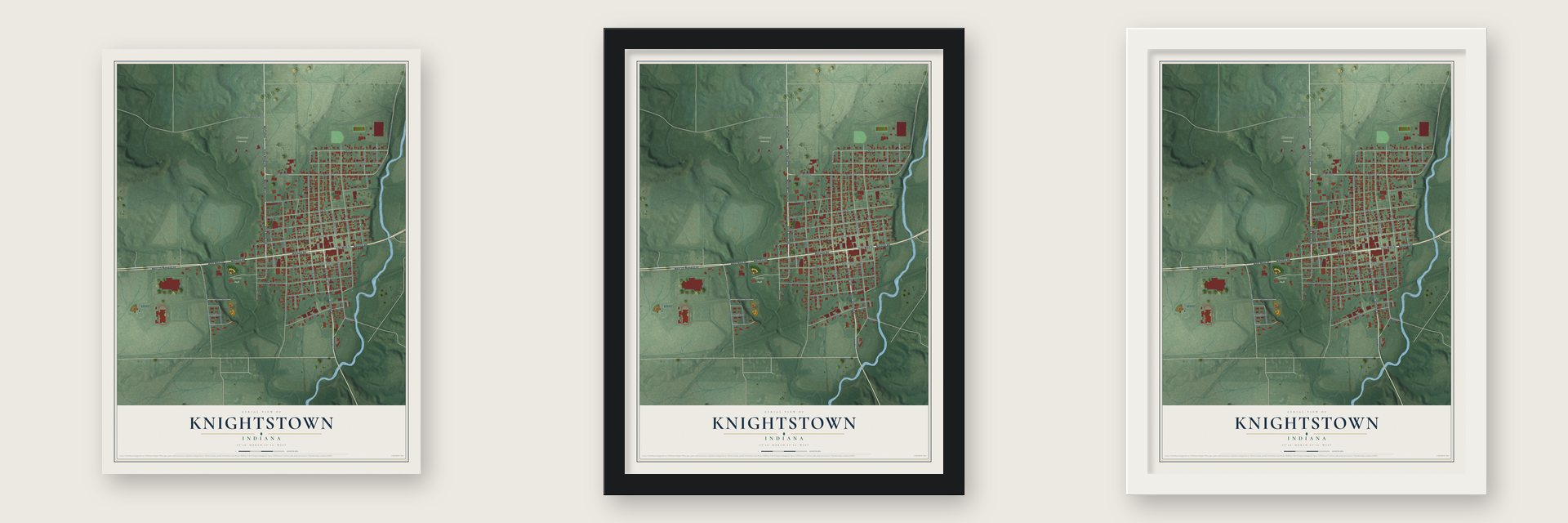 Knightstown, Indiana map unframed, in a black wood frame and in a white wood frame