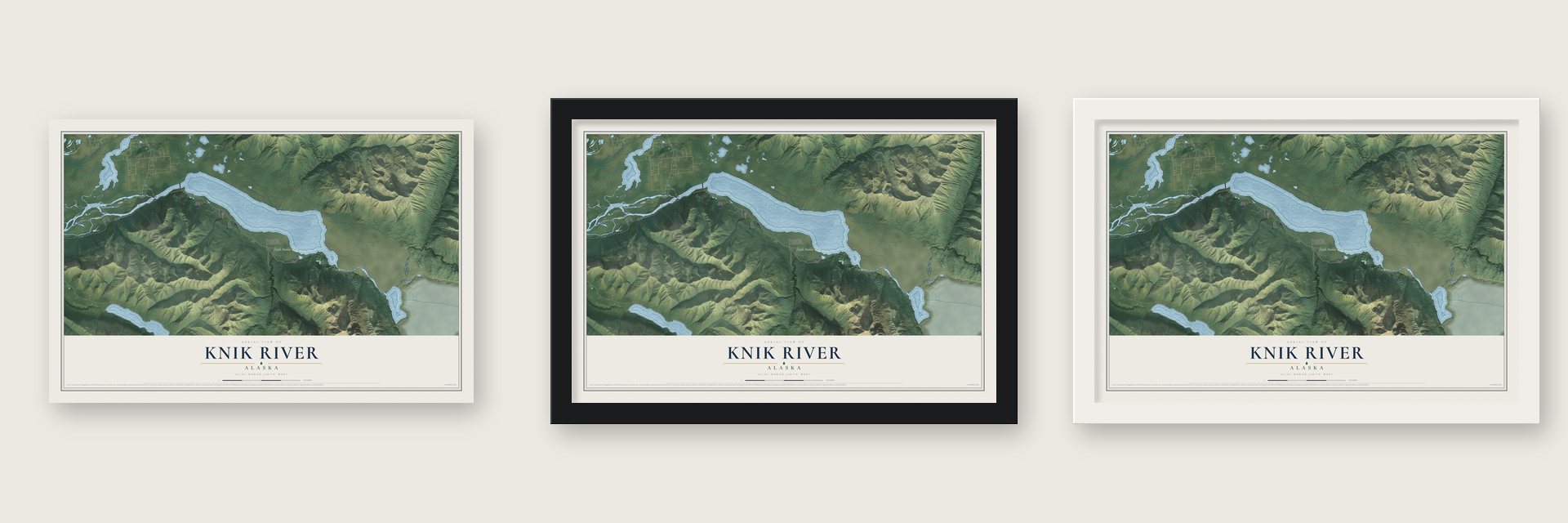 Knik River, Alaska map unframed, in a black wood frame and in a white wood frame
