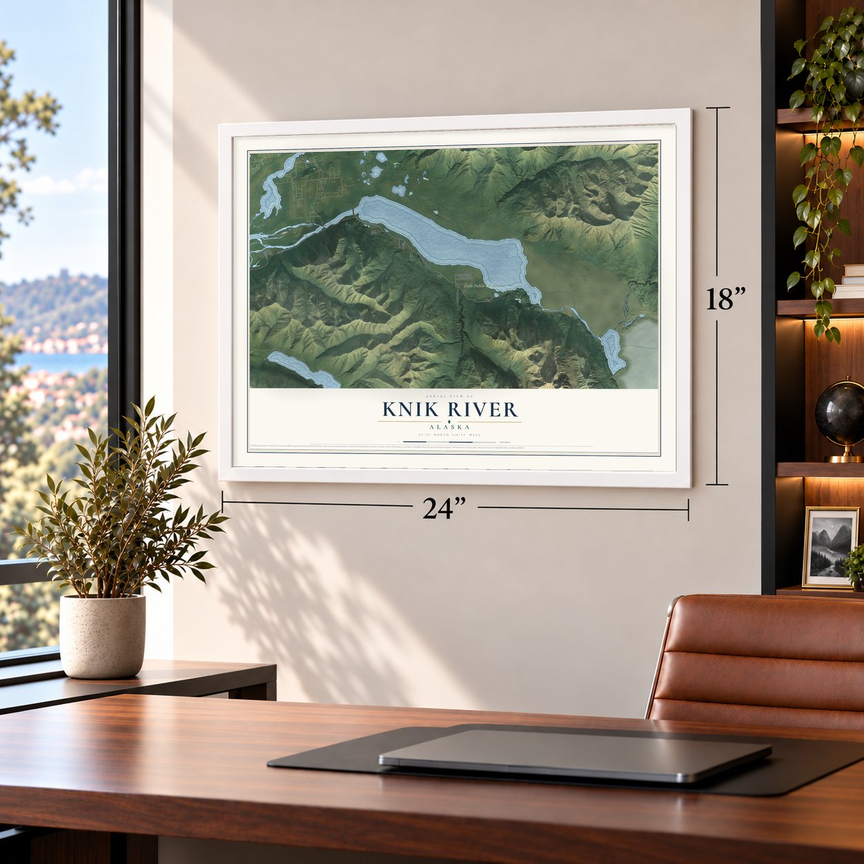 Knik River, Alaska map, 18 x 24 inch print in a white frame in a home office