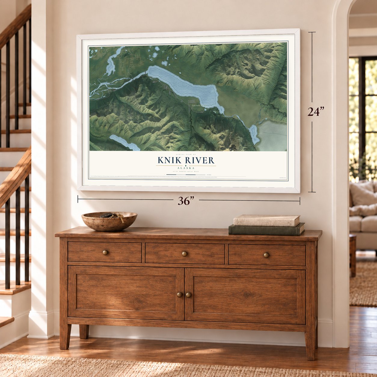 Knik River, Alaska map, 24 x 36 inch print in a white frame above a dresser by a staircase