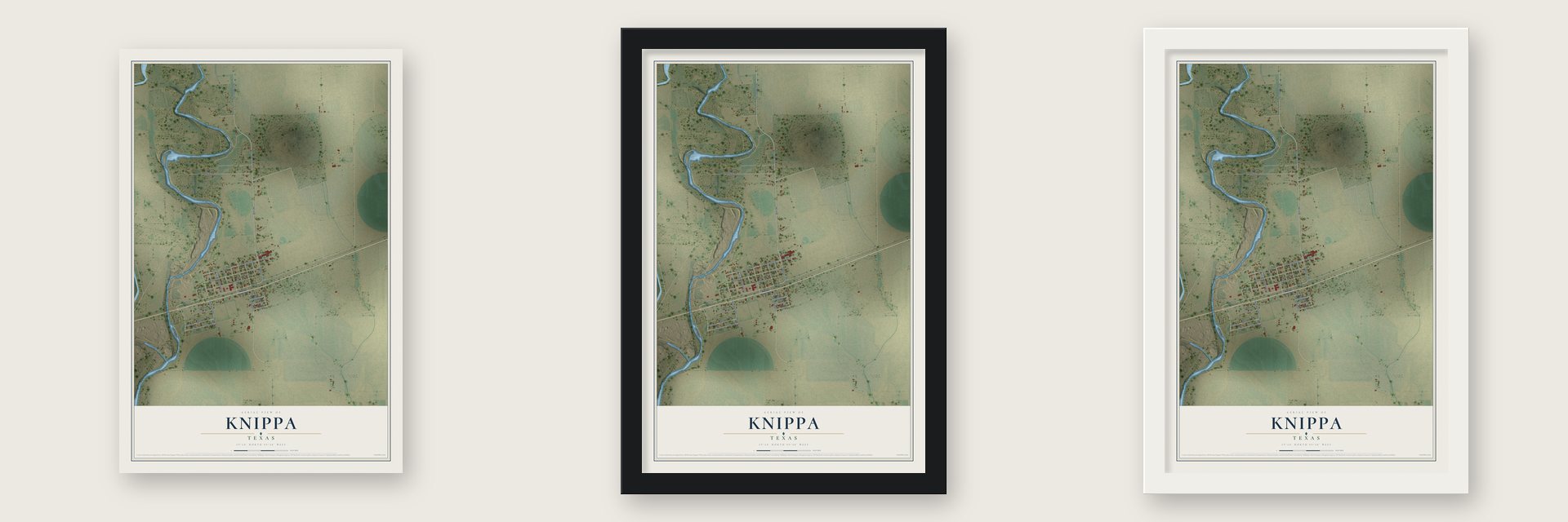 Knippa, Texas map unframed, in a black wood frame and in a white wood frame