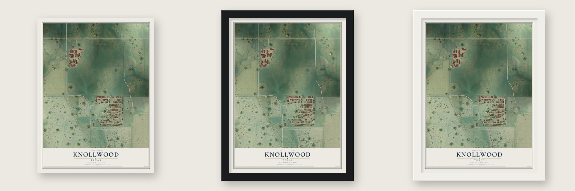 Knollwood, Texas map unframed, in a black wood frame and in a white wood frame