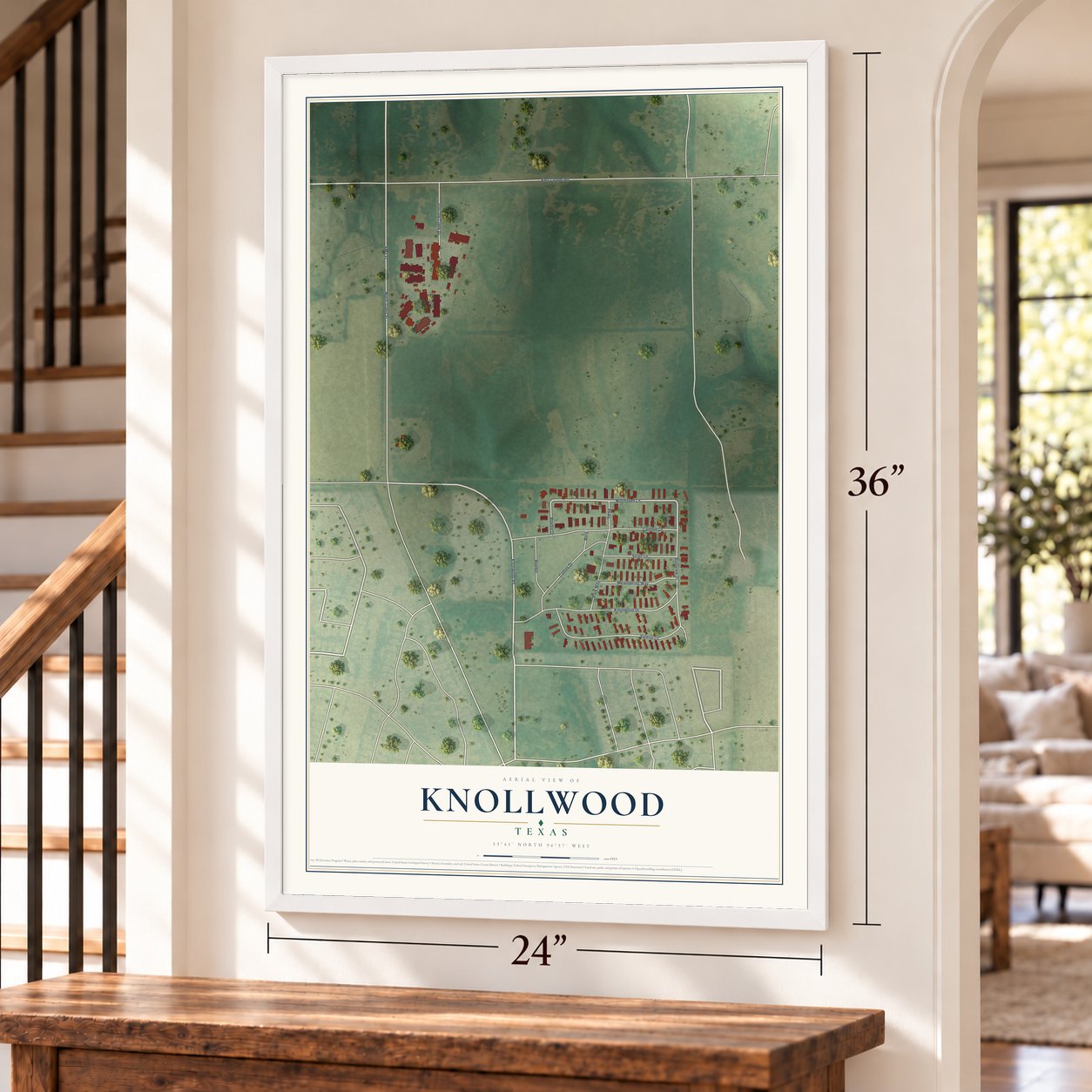 Knollwood, Texas map, 24 x 36 inch print in a white frame by a staircase