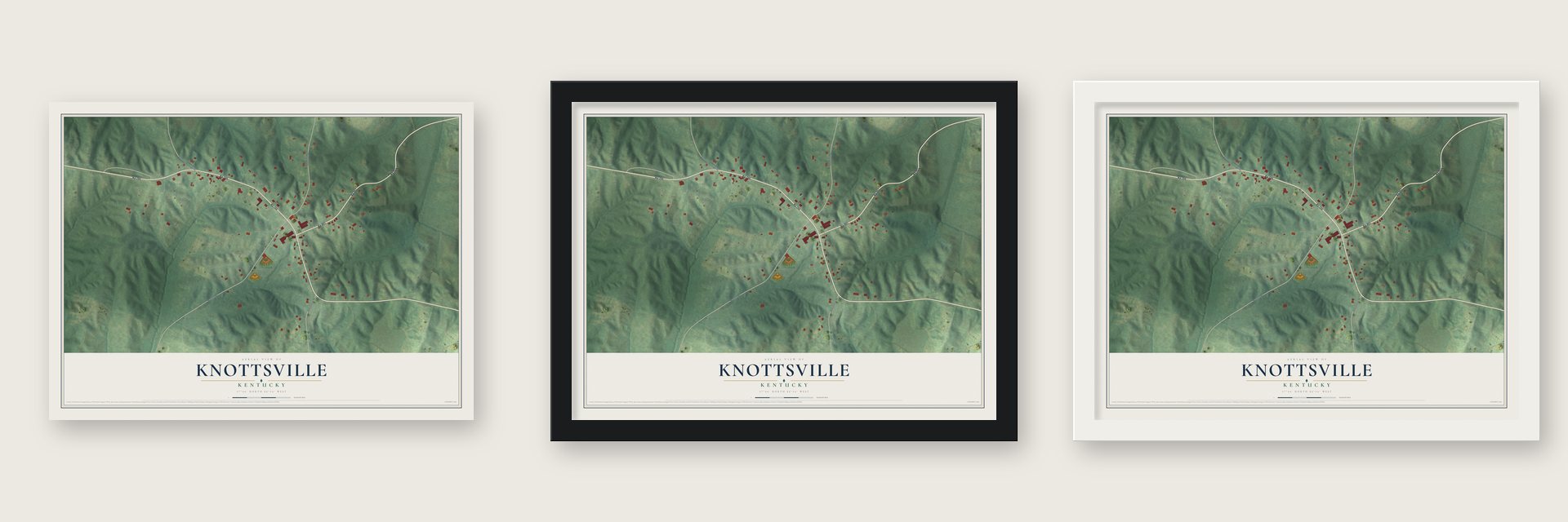 Knottsville, Kentucky map unframed, in a black wood frame and in a white wood frame