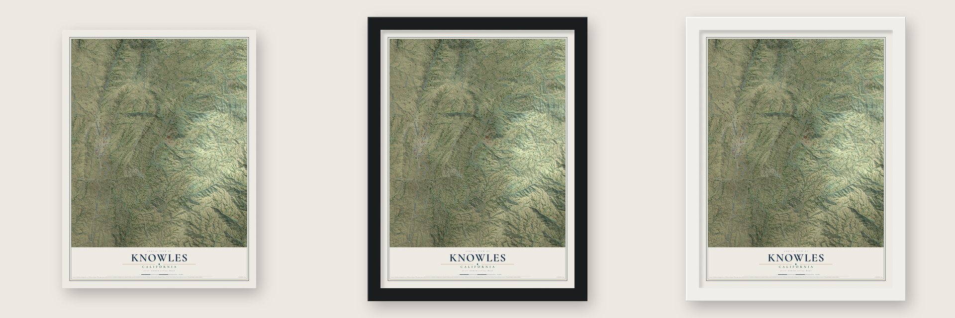 Knowles, California map unframed, in a black wood frame and in a white wood frame