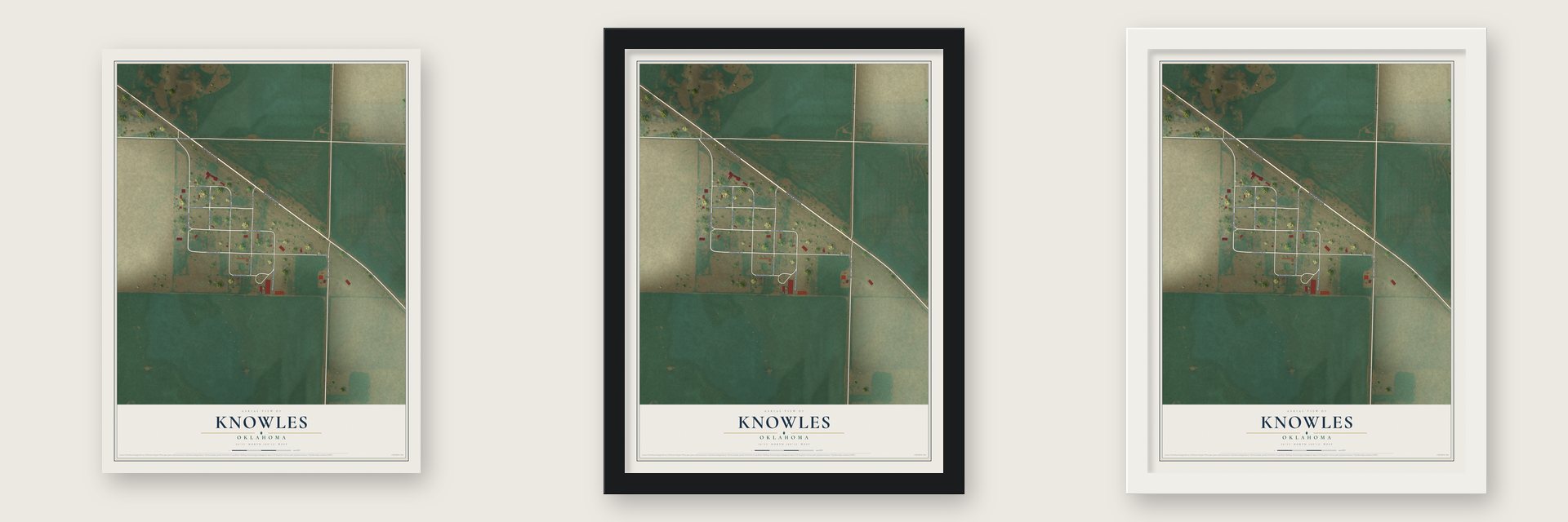 Knowles, Oklahoma map unframed, in a black wood frame and in a white wood frame