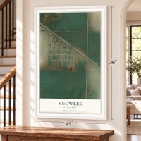 Knowles, Oklahoma map, 24 x 36 inch print in a white frame by a staircase