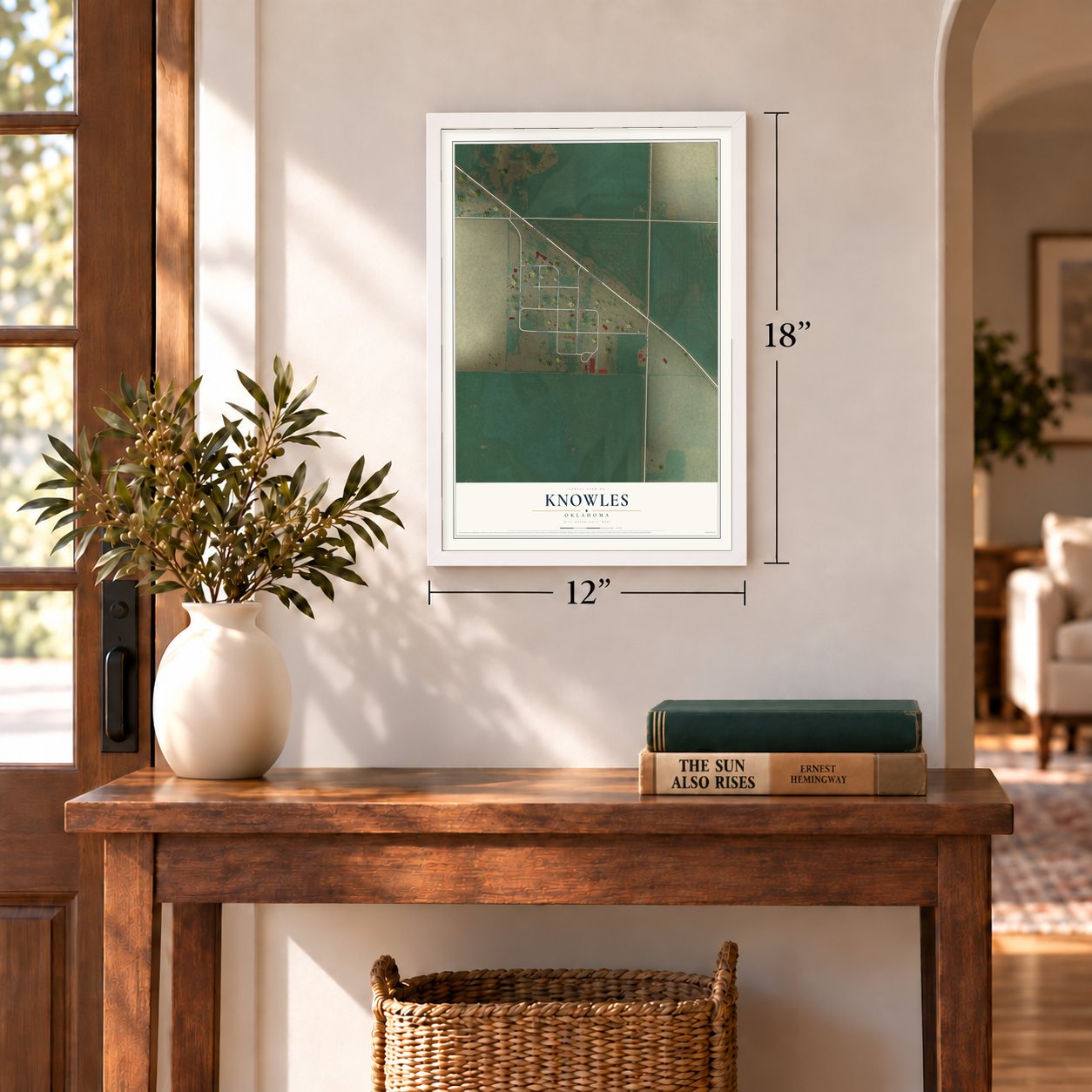Knowles, Oklahoma map, 12 x 18 inch print in a white frame in an entryway