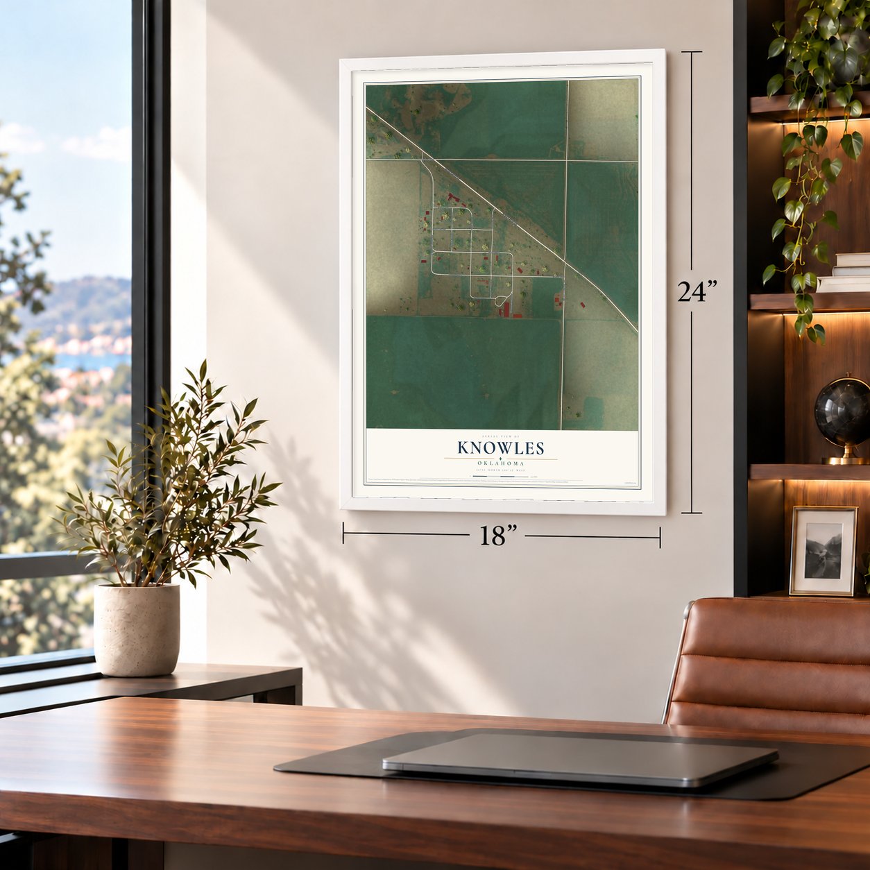 Knowles, Oklahoma map, 18 x 24 inch print in a white frame in a home office
