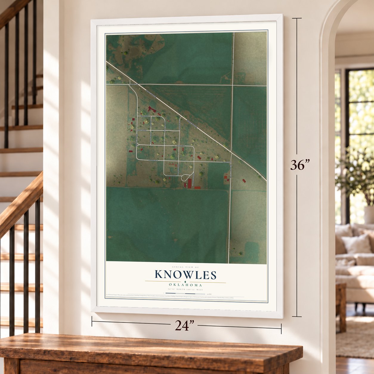 Knowles, Oklahoma map, 24 x 36 inch print in a white frame by a staircase