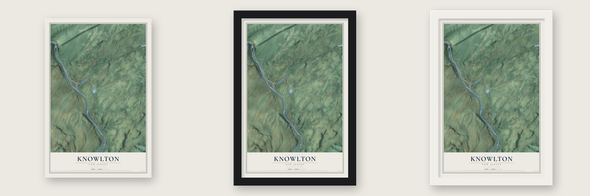Knowlton, New Jersey map unframed, in a black wood frame and in a white wood frame