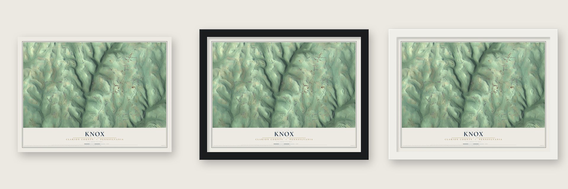 Knox, Clarion County, Pennsylvania map unframed, in a black wood frame and in a white wood frame