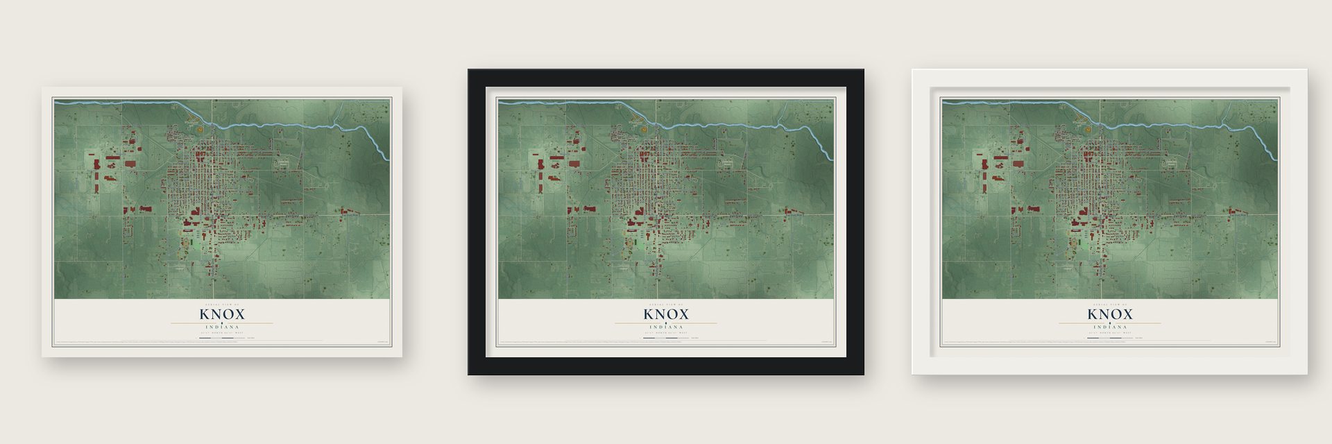 Knox, Indiana map unframed, in a black wood frame and in a white wood frame
