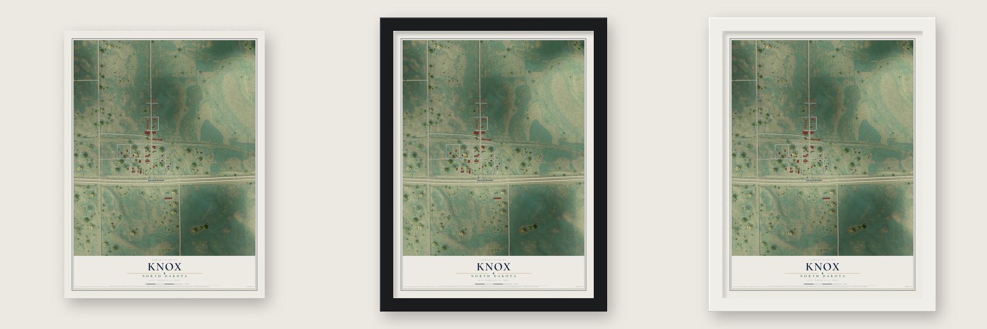 Knox, North Dakota map unframed, in a black wood frame and in a white wood frame