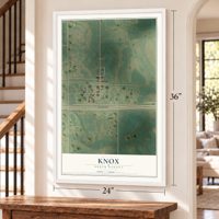 Knox, North Dakota map, 24 x 36 inch print in a white frame by a staircase