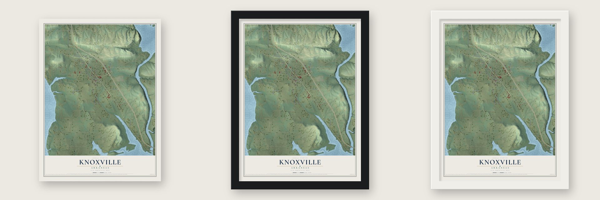 Knoxville, Arkansas map unframed, in a black wood frame and in a white wood frame
